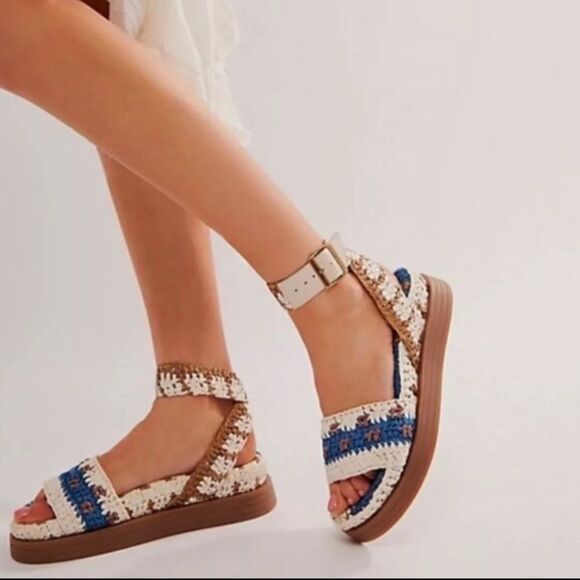Free People Shoes - Woven Crochet Ankle-Strap Sandals - White, Blue & Brown